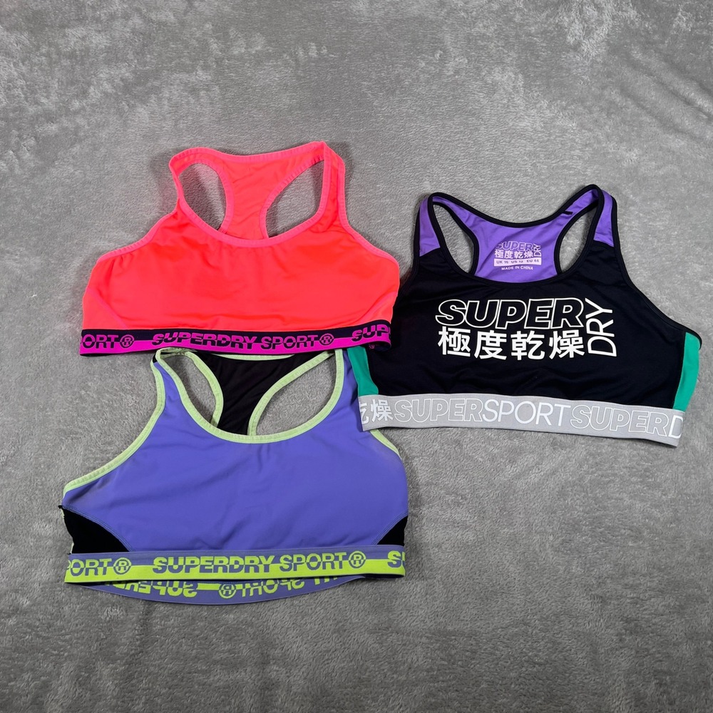 Superdry Lot Sports Bra Neon Purple Black Green Racerback Athletic Women
